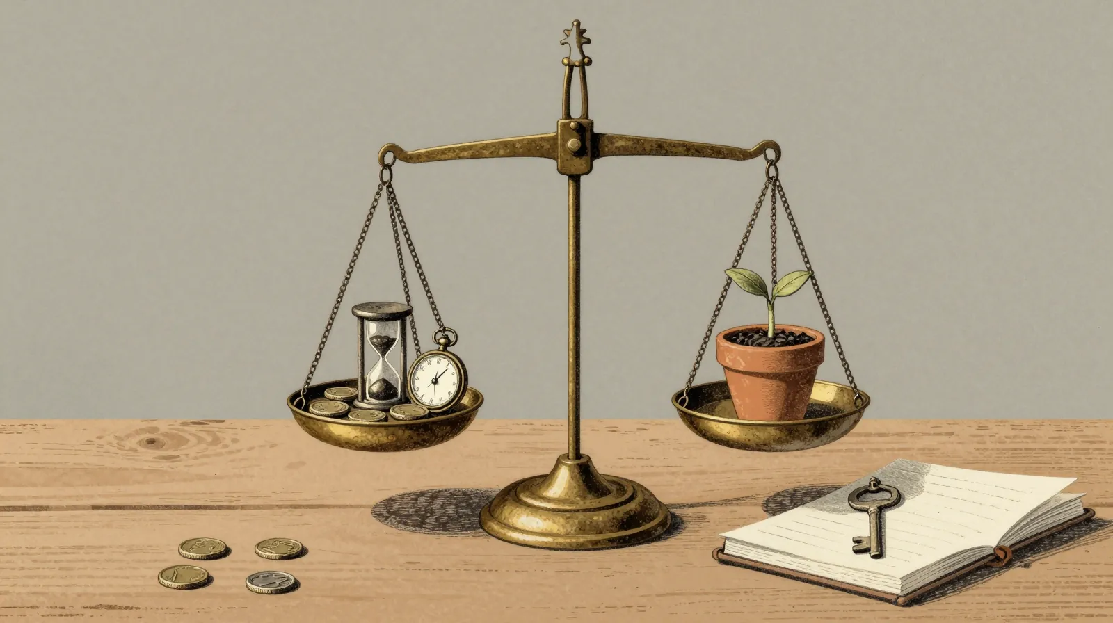 Illustration: a brass balance scale; coins, an hourglass and a pocket watch on one pan, a seedling in a pot on the other, with a key and a notebook on the table.