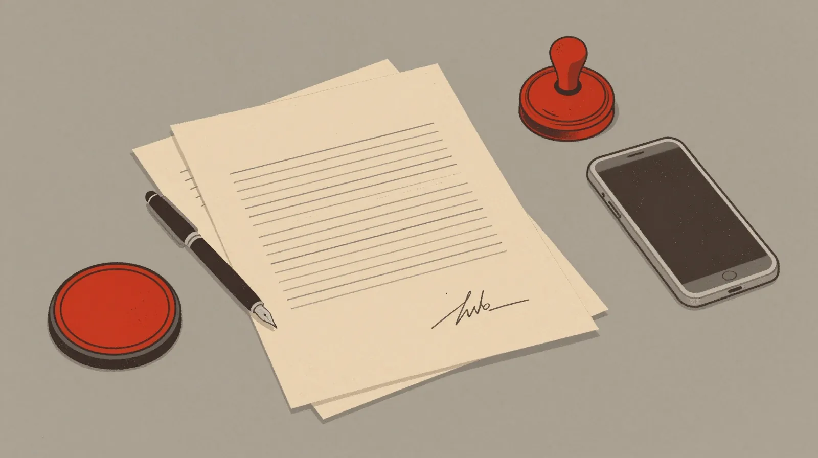 Illustration: a printed contract with a scribbled signature, a pen, a red seal stamp and ink pad, and a smartphone on a desk.