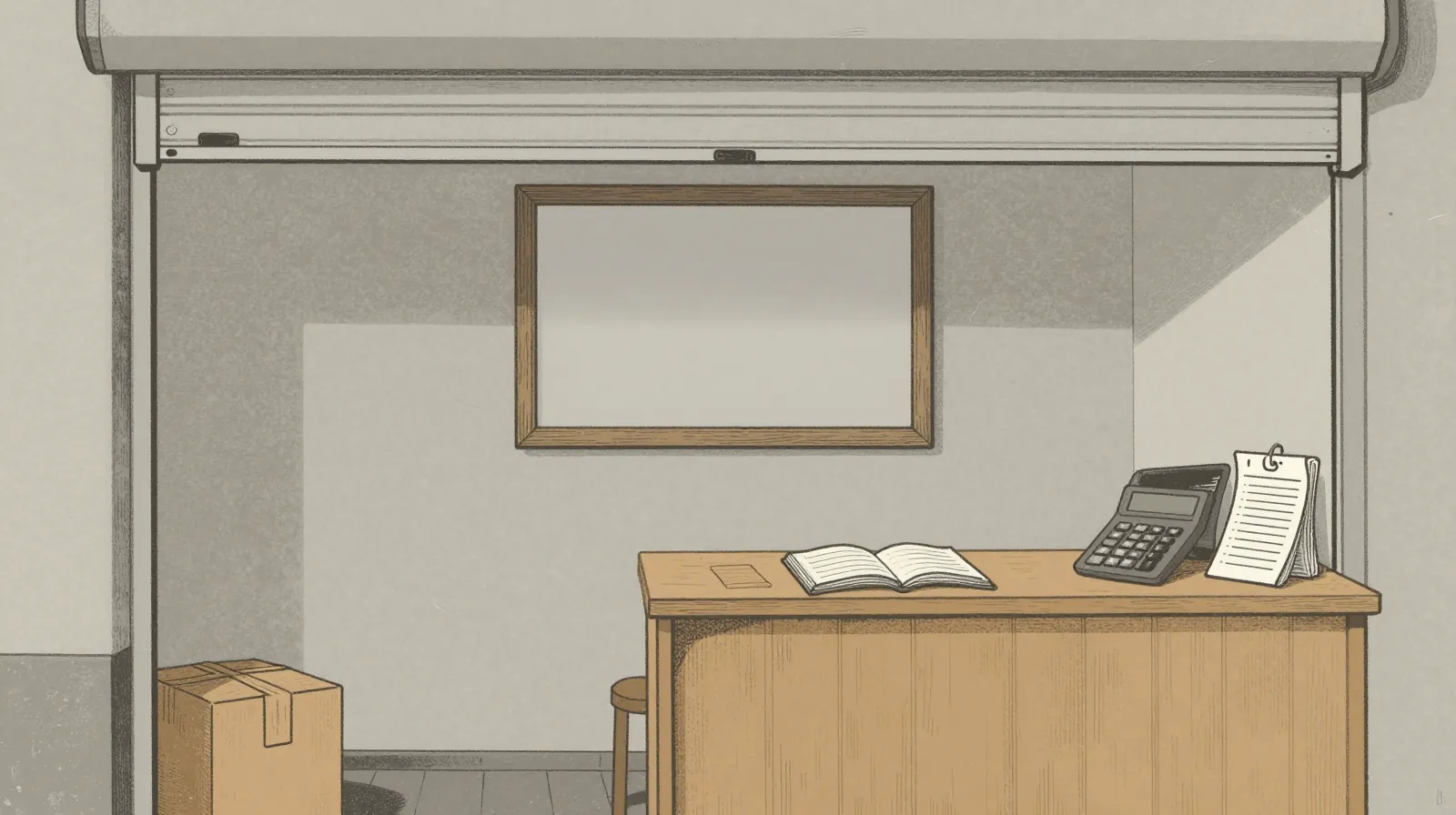 Illustration: a small shop being readied, its shutter half raised, an empty frame on the wall and a ledger, calculator and receipts on the counter.