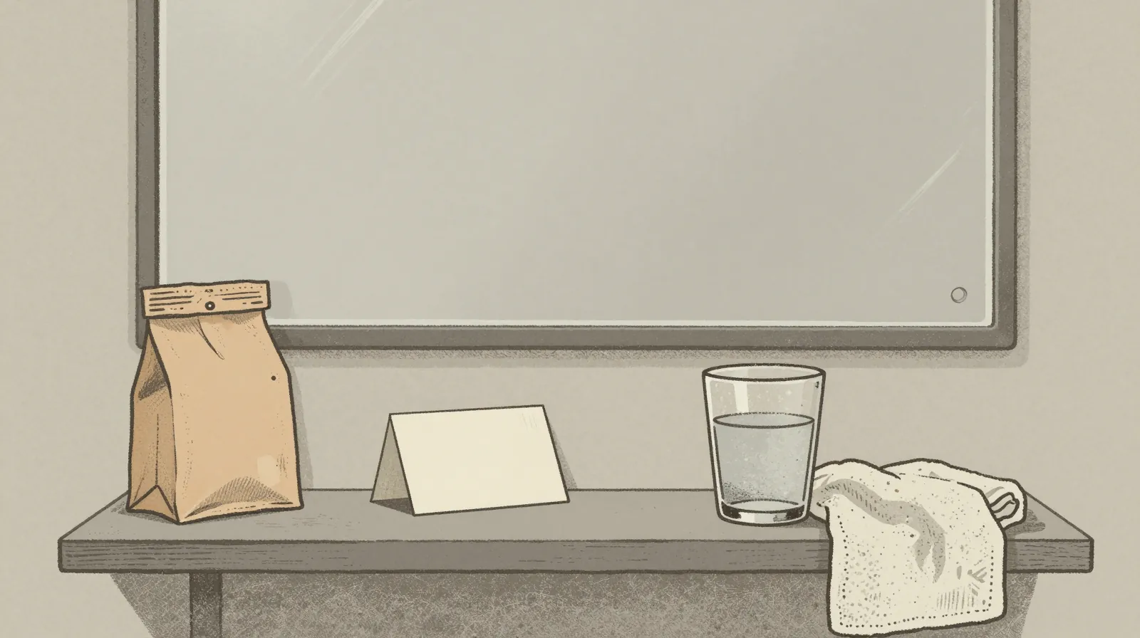 Illustration: a bathroom shelf under a plain mirror, holding a paper pharmacy bag, a blank appointment card, a glass of water and a towel.
