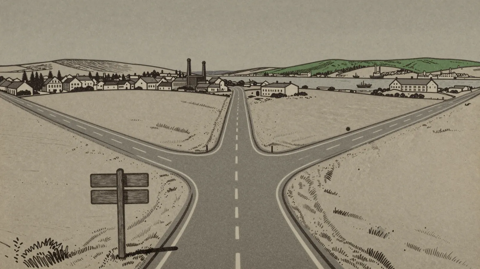 Illustration: a road that splits into three at a junction with a blank signpost, leading across fields toward a town, a factory and a harbour.